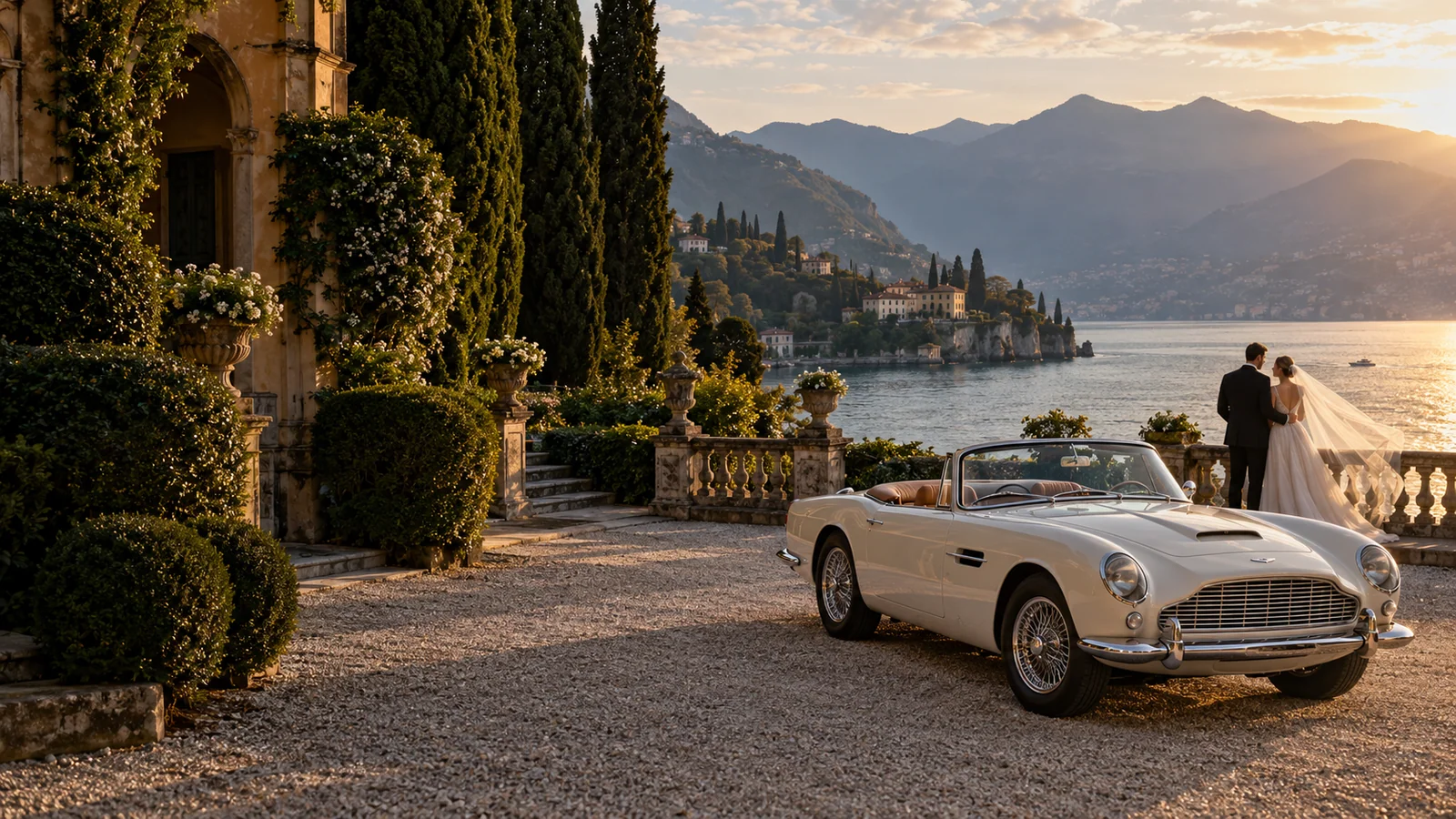 Una coppia di sposi e una cabriolet classica sul lago al tramonto, immagine d’atmosfera