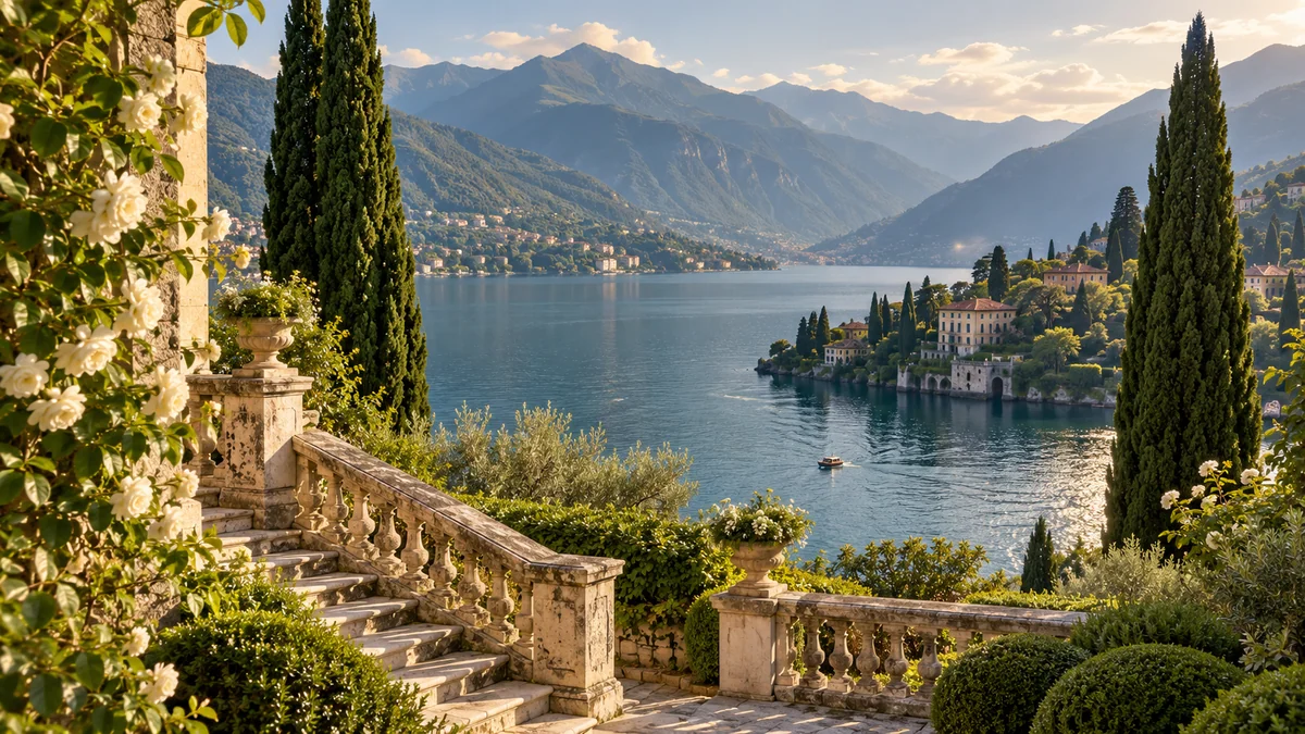 Terrazza di una villa affacciata sul Lago di Como, immagine d’atmosfera